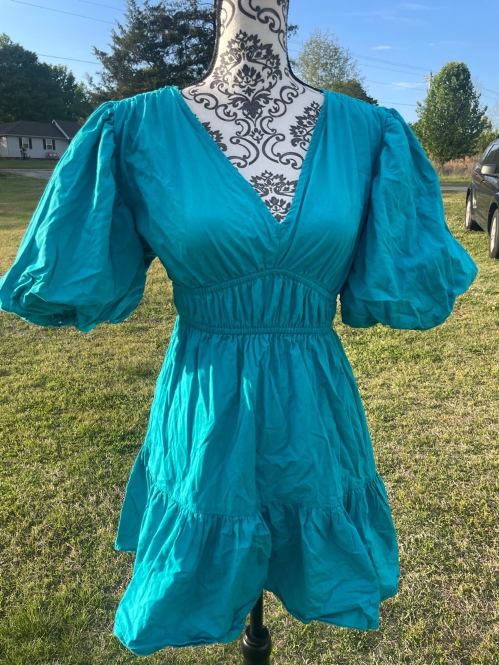 Puff-Sleeve Teal V-Neck Mini Dress - Women